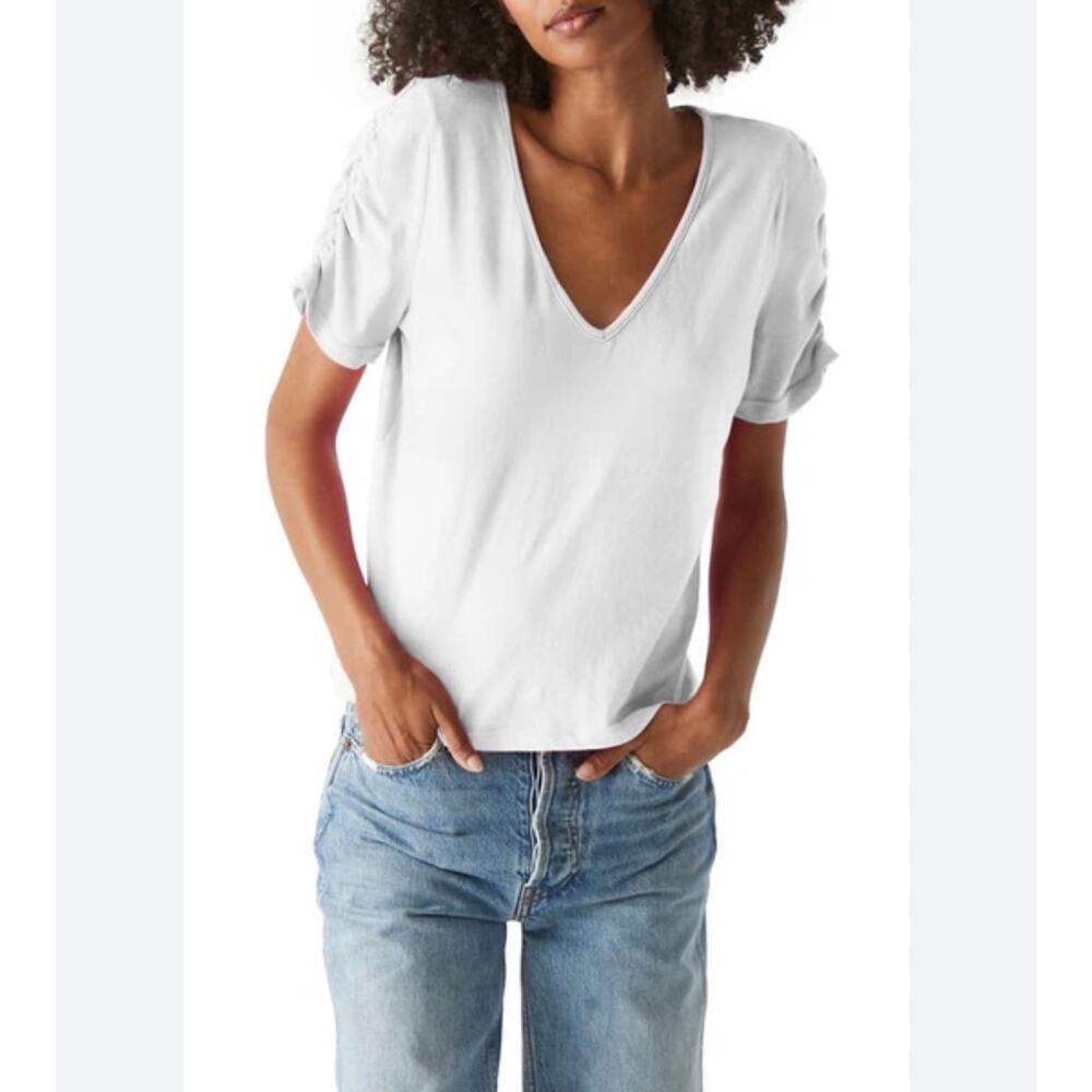 Michael Stars Josie Ruched Sleeve V-Neck Tee White NWT Small